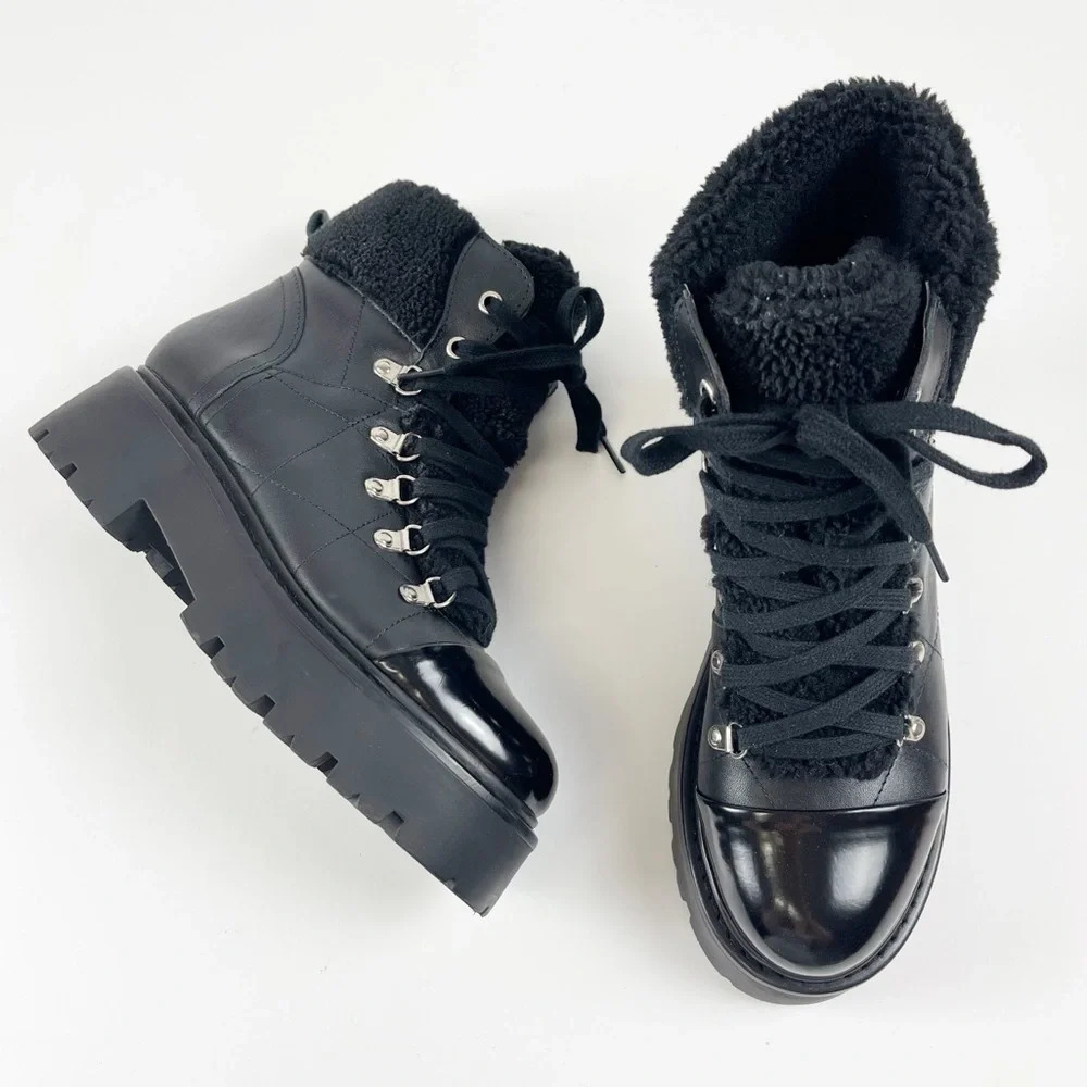 NEW Steve Madden Reyen Boots Womens 8M Black Leather Faux Fur - Picture 1 of 8